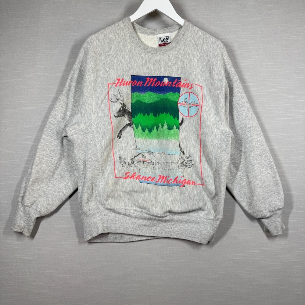 Vintage Lee Sweatshirt Adult Gray Medium Michigan Skanee Huron Mountains Hunting